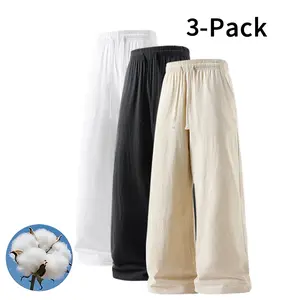 3-Pack Minimalist Cotton Linen Pants - Elastic Waist Drawstring Pants, Perfect for Layering (Optional 3-Pack and Single Pack)
