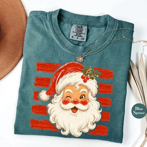 Retro Santa Christmas Comfort Colors Shirt, Vintage Red Stripe Santa Graphic Tee, Matching Family Christmas T-Shirt, Xmas Holiday Apparel, Santa Gift