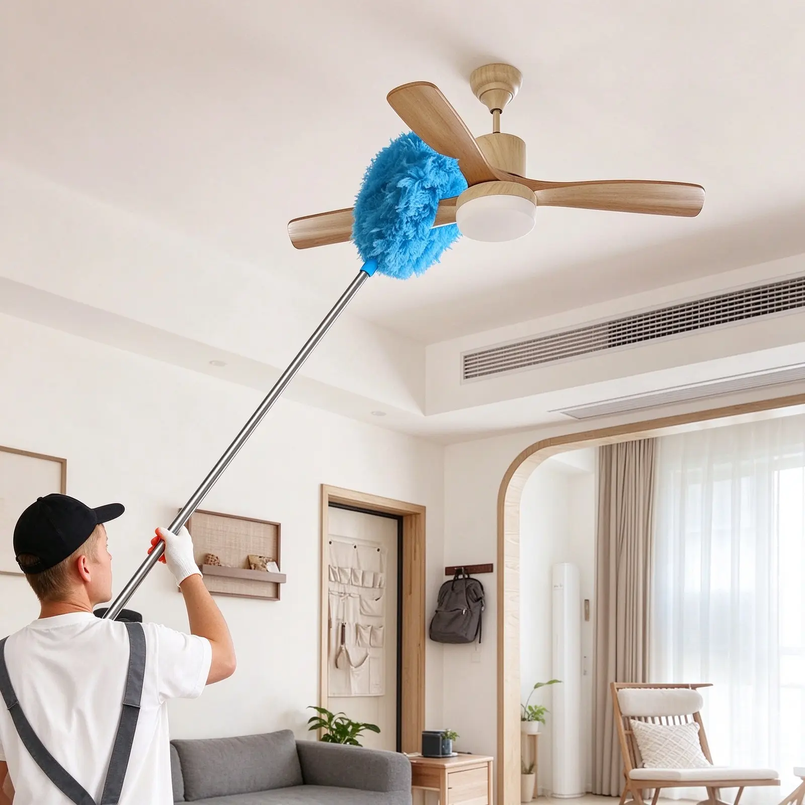 DGAPHRO Ceiling Fan Duster,Reusable Removable Microfiber Duster with Stainless Steel Extension Pole,Fan Cleaning Brush for Walls Bookshelves Door Window Top RVs (Blue).
