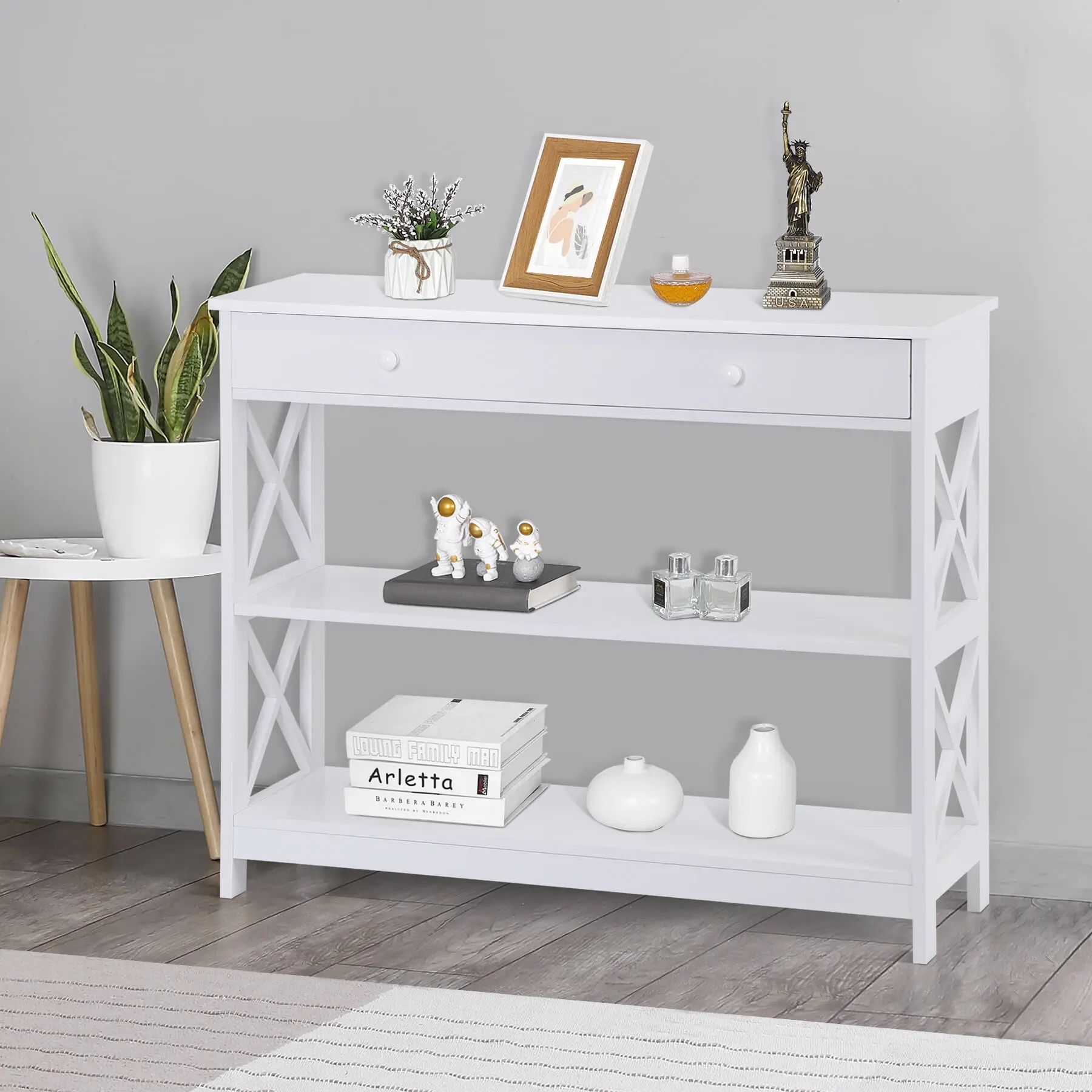 SEGAWE High-Load MDF Board Console Table - White Indoor Piece with Bookshelf & Simple Setup, Ideal for Entrance, Foyer, Hallway Accent Use
