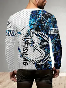 Men's Fashion Fish Pattern Long Sleeve Fitted T-Shirt, Casual Breathable Polyester Fabric, Perfect for Outdoor Activities