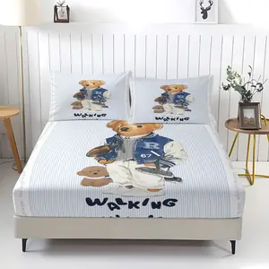Teddy bear printed pattern bed sheet, comfortable printed pattern, including 1 bed sheet and 2 pillowcases, comfortable bedding, breathable sheets, anti slip dust cover suitable for bedrooms and guest rooms, suitable for adult gifts