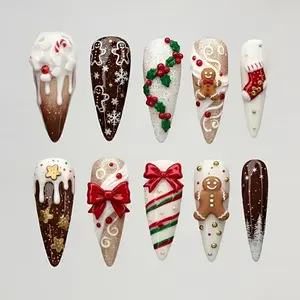 Handmade 3D Gingerbread Christmas Press On Nails, Holiday Nail Set, Cute Festive Xmas Press Ons, Custom Winter Gel Nails for Seasonal Christmas Style