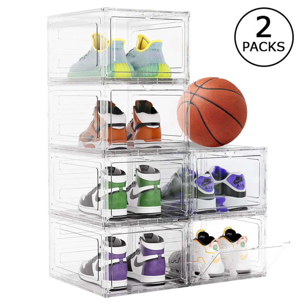 Anyask Drop Front Plastic Shoe Box with Clear Door, Stackable For Display Sneakers Easy Assembly Fit up to US Size 12 (A Set of 2, 13.4”x 10.6”x 7.4”)