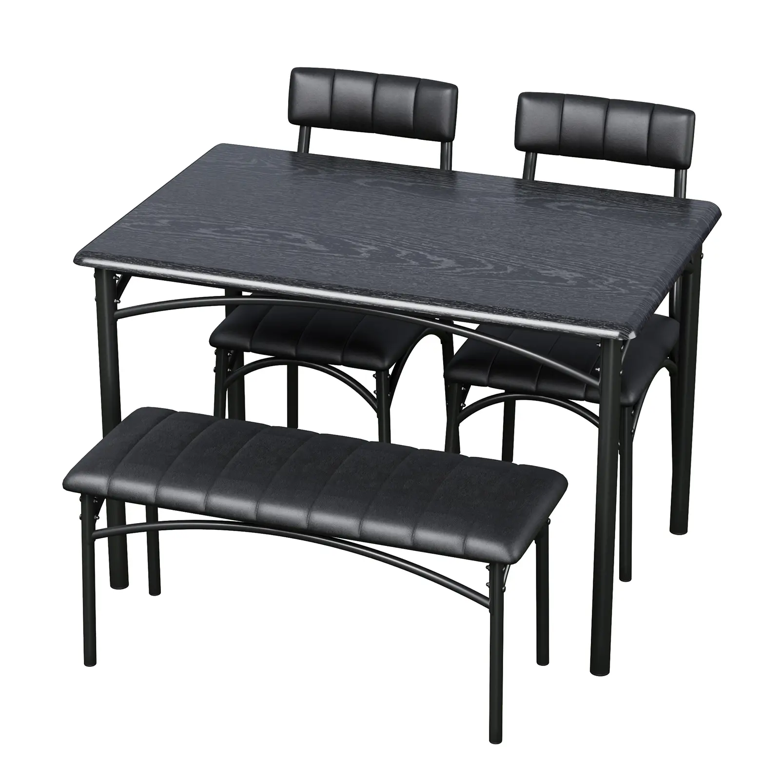 4-Seat Modern Space-Saving Rectangular Dining Table Set - Metal Frame, Upholstered Bench & 2 Chairs, 17x18.8x33.8 in & 43.3x27.5x30 in, Assembly Required - Ideal for Family Dinners, Cafe, Apartments, Small Spaces - Black/Rustic Brown