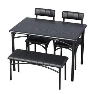 Modern Space-Saving Dining Table Set for 4 – Rectangular Dining Room Furniture with Upholstered Bench & 2 Chairs – Metal Frame – Appropriate for Apartments, Small Spaces – Black or Rustic Brown