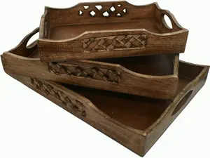 STORE INDYA Rustic Large Wooden Serving Tray Platter of 3 for Tea Snack Dessert with Handle Hand Carved Floral Design 14 x 10 Inches Dark Brown Kitchen Dining Unique Gifts Home Decor