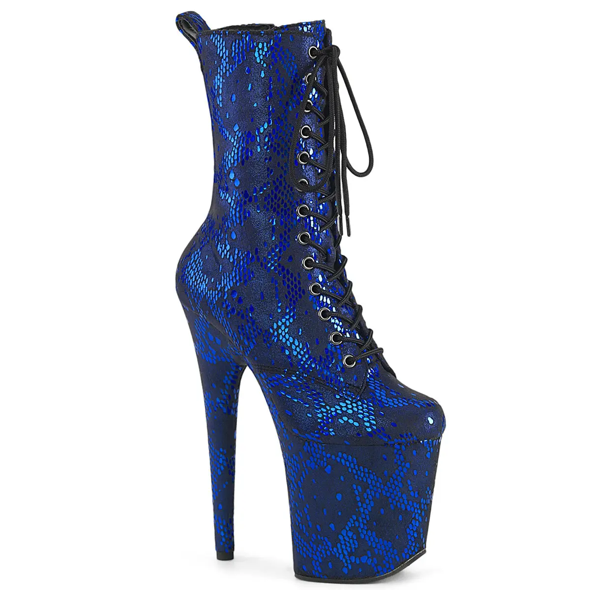 Blue Snake Print Ankle Boot with 8-Inch Heel, Lace-Up Front and Side Zip Closure for Nightlife & Pole Dance, Footwear, Platform, Shoe, Women, Fabric, Animal Print, Stage Wear, Blue Snake Print Fabric
