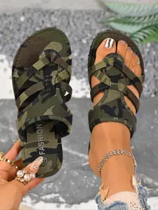 Women's Fashionable Camo Print Slides, Casual Comfortable Flat Sandals for Beach, Lightweight Strappy Sandals, Lightweight Breathable Slippers for Indoor & Outdoor Wear, Walking Shoes, Footwear
