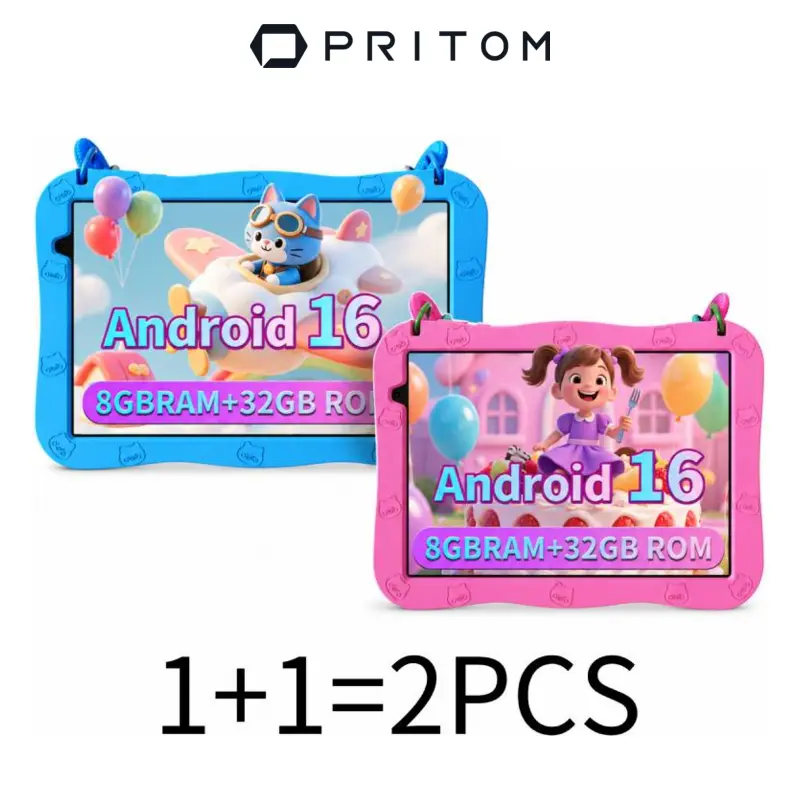 [Stock Up] PRITOM 2PCS Kids Tablet 10 inch Android 16 8GBRAM 32GB ROM Dual Cameras WiFi6 6000mAh BatteryProtective Silicone Case Animal Flash Cards EducationalApps Toddler Gifts Stress Relief Case Pink/Blue Best Kids Gift