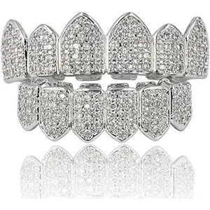 Grillz Diamond Grills for Your Teeth for Men Women 18K Gold Plated Iced Out Macro Pave Cubic Zirconia Mouth Grill with Extra Molding Bars Included