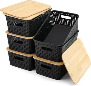 [LIMITED TIME DEAL]  Storage Bins with Bamboo Lids Set of 6 Lidded Storage Container Plastic Baskets Organizer Bins for Organizing Kitchen Room Bedroom Office Closet, Sturdy(Black)