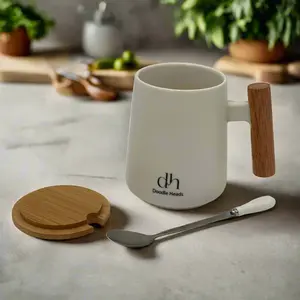 dh Bamboo Handle & Lid Coffee Mug with Spoon - Elegant Gift Box Set