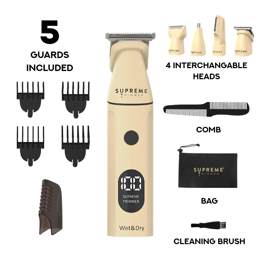 Supreme Trimmer Multigroomer 4.0 Wet/Dry 14 Piece Set with 4 Interchangeable Heads, Waterproof, Travel Lock, and 5 Guards Included - Hair Cutting Kits
