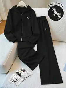 Women's Fashion Casual Embroidered Hoodie Set, Loose Fit Pullover with Pockets and Drawstring Pants, Perfect for Fall Wear