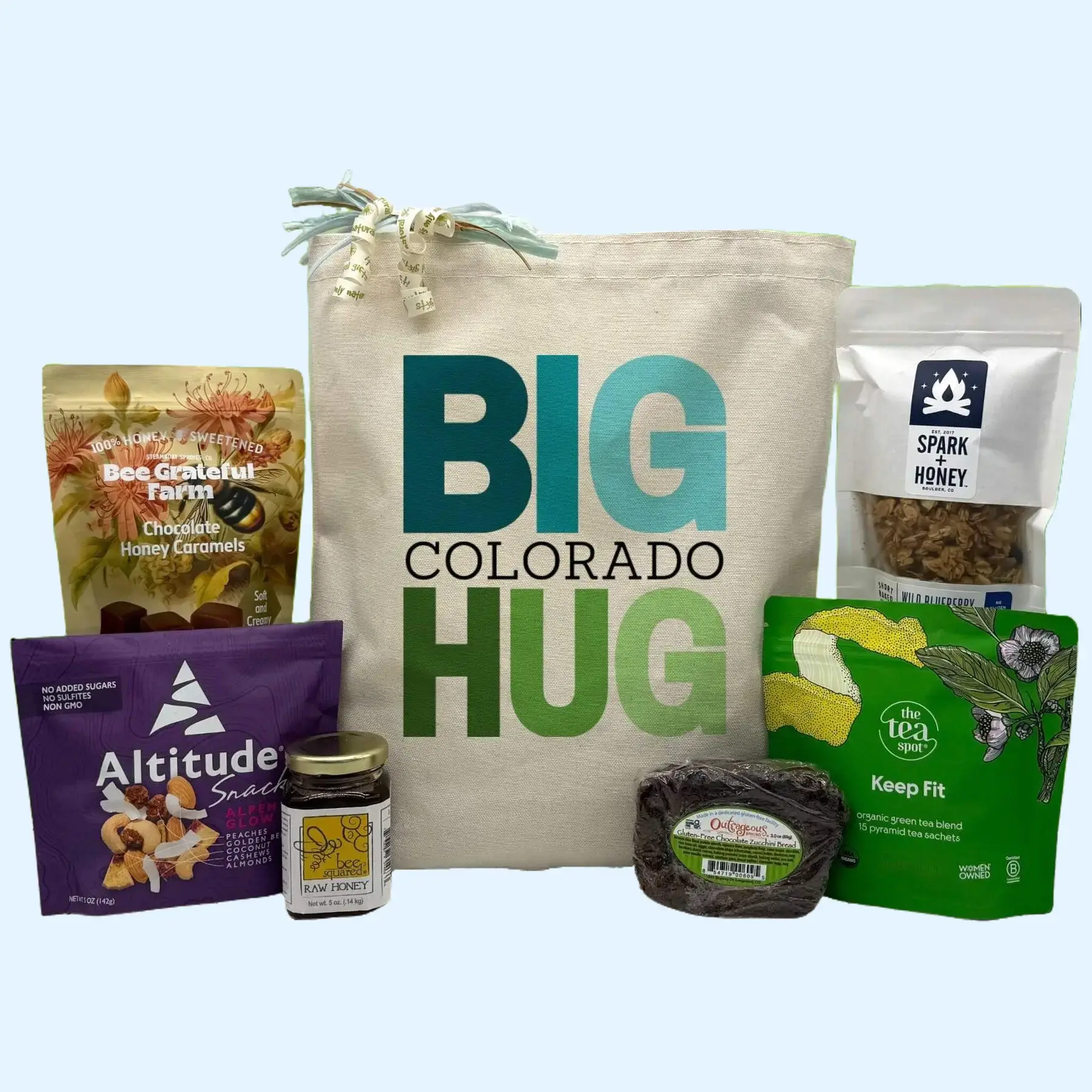 Itsonlynaturalgifts Big Colorado Hug Gift Basket with Bee Grateful Farm Chocolate Honey Caramels Spark Honey Altitude Snacks and Sun Perfect Jam