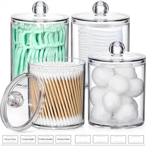 4 Pack Acrylic Qtip Holder Dispenser for Cotton Swabs, Balls, Pads, Floss Picks- Small Clear Acrylic Canister Apothecary Jar Set, Bathroom Essentials Accessories Decor, Vanity Makeup St