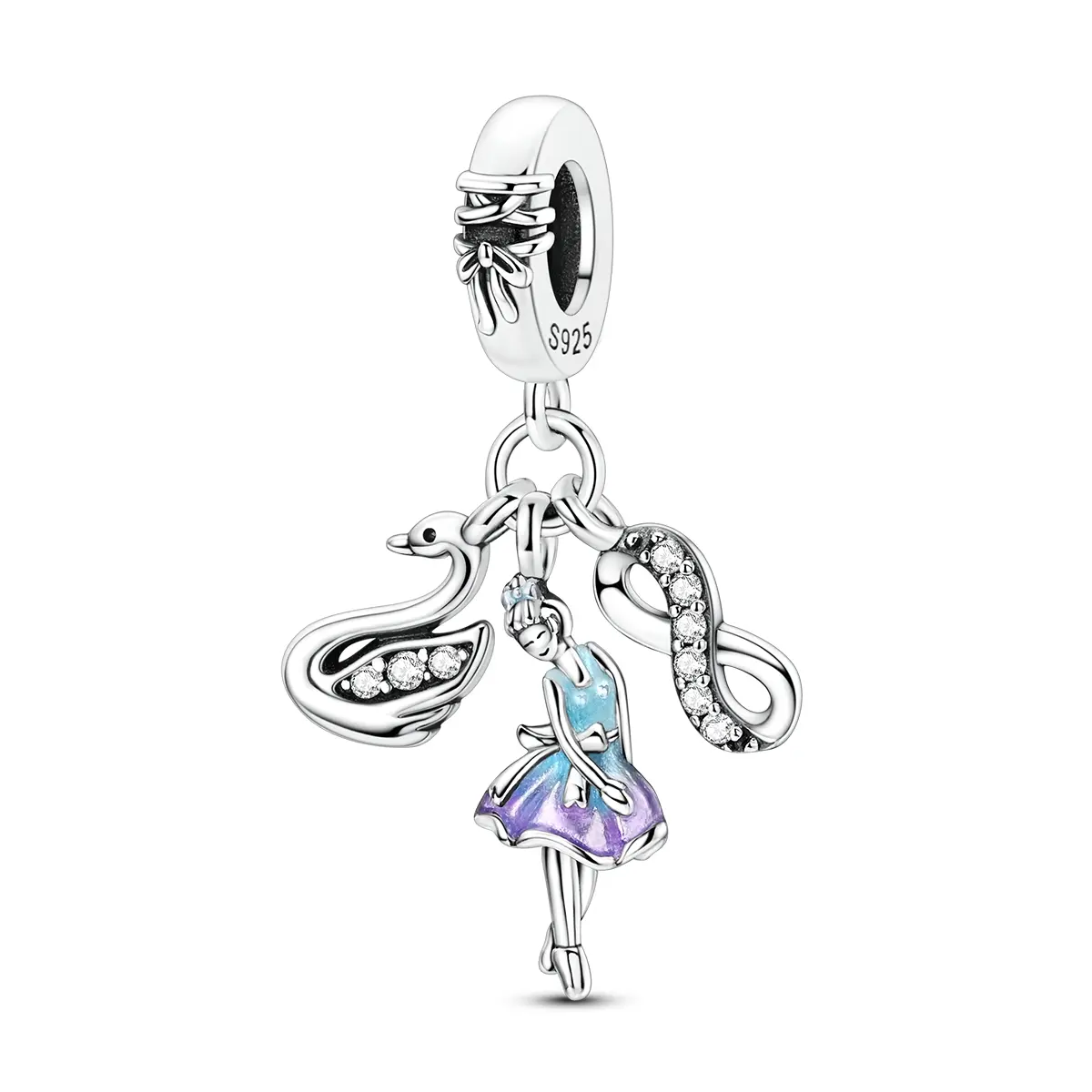 MULA S925 Silver-Plated Ballerina Infinity Charm - Hand-Painted Enamel, CZ Accents, Pandora Bracelet Compatible, Exquisite Ballerina Gift, Women's Costume Jewelry Charm