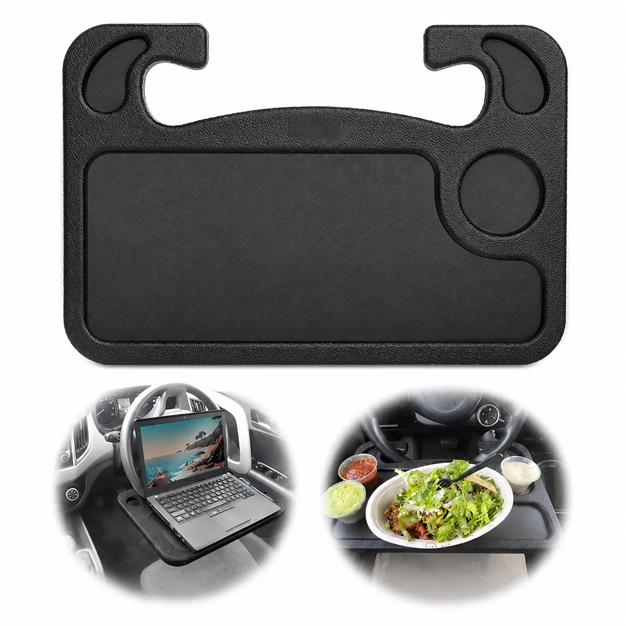2-in-1 Compact ABS Plastic Car Steering Wheel Tray - Universal Fit, Tool-Free Mount, Dual-Side Space-Saver Desk for Commuting, Stable Hold, Independent Cup Holder
