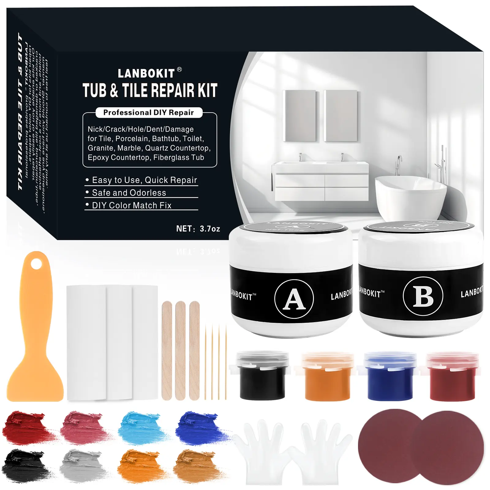 LANBOKIT Tile and Fiberglass Tub Repair Kit, Marble and Granite Repair Kit, Porcelain Repair Kit for Sink & Toilet, Epoxy and Quartz Countertop Repair Kit for Cracks Chips Scratches Holes Dents Invisible Waterproof Sealant Strong Adhesion