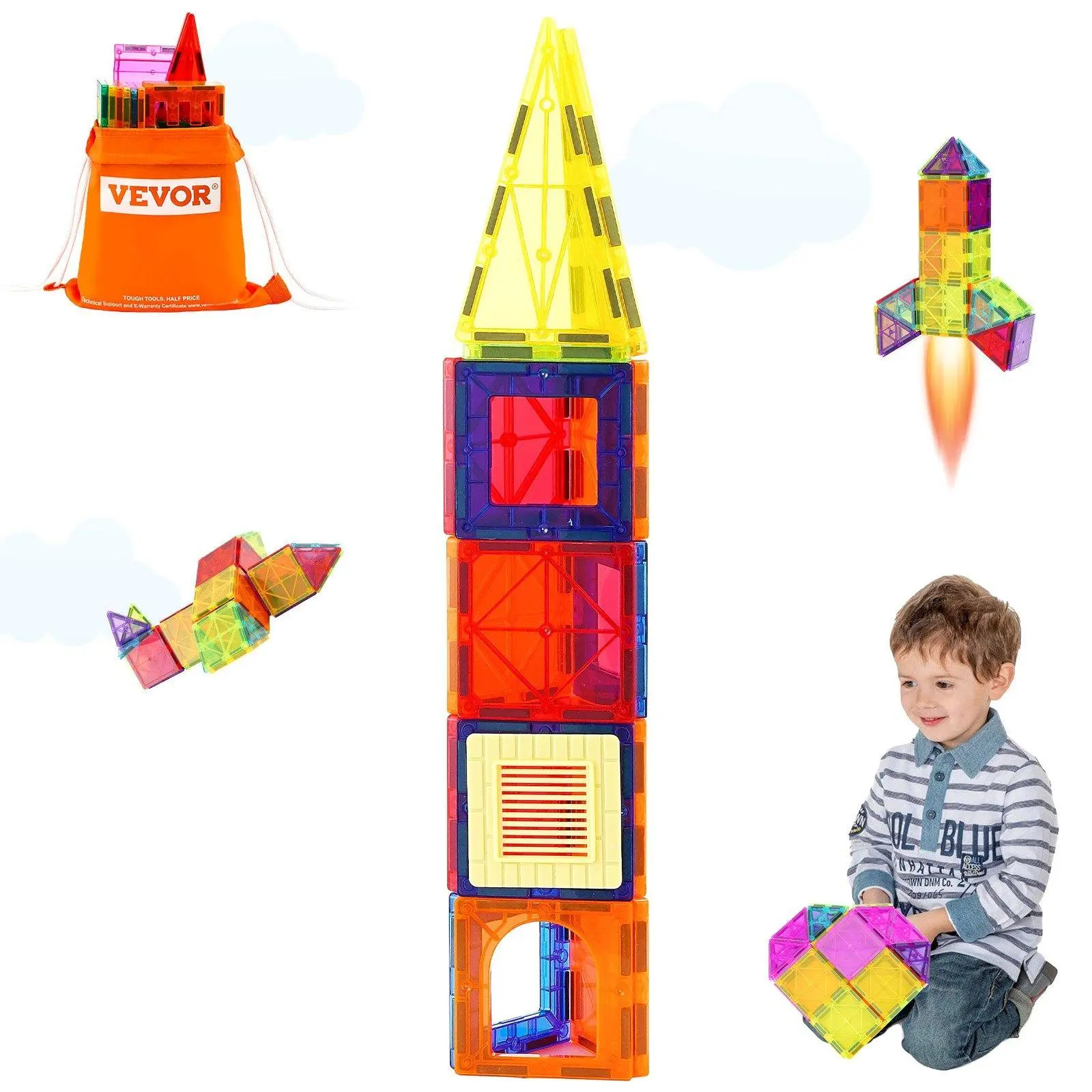 【SummerFinds】VEVOR Magnetic Tiles Building Toy, 55 PCS ABS Plastic Magnet Blocks Set with 12 Equilateral Triangles, Creative DIY Model Building Kit for Kids, Creative Building Set