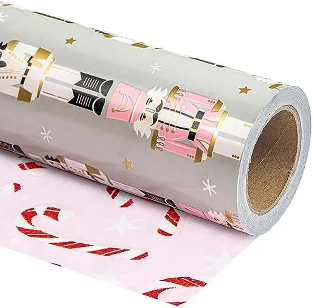 Reversible Nutcracker Christmas Wrapping Paper - Mini Roll - 17 Inch x 33 Feet - Nutcracker and Candy Cane Design Printed on Pearlized Paper for Chrsitmas, Holiday, Party Celebration