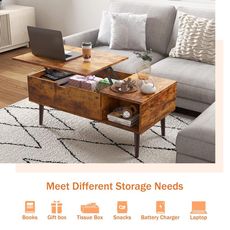 Sweet Furniture Fully Assembled Wooden Center Table, Fluted Lift Top Coffee Table with Hidden Compartment, Modern Lift Tabletop for Home Living Room Office