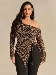 HANNA x BAE Plus Size Women Leopard Print Asymmetrical Neck Drawstring Ruched Fitted Top, Fashionable Streetwear, Spring/Autumn