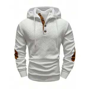 Men's fashion hooded colorblock sweatshirt, solid color jacquard hooded sweatshirt, loose casual pullover sweatshirt, men's half zipper long sleeve top with hood, soft and comfortable, suitable for everyday wear