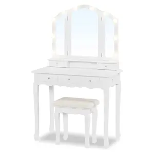 Sikaic Makeup Vanity Set with LED Mirror Cushioned Stool and Chair Set Kids Vanity Girls Vanity White