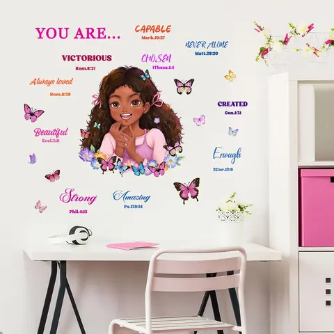 Girl & Butterfly & Letter Pattern Wall Sticker, Decorative Wall Sticker, 1 Set Removable Self Adhesive Wall Decal, Spring Decor 2024 Wall Stickers Decor Sticker for Home Bedroom Living Room Girl Room Accessories