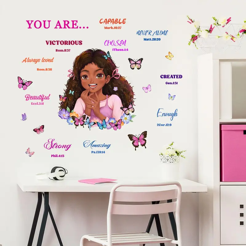 Girl & Butterfly & Letter Pattern Wall Sticker, Decorative Wall Sticker, 1 Set Removable Self Adhesive Wall Decal, Spring Decor 2024 Wall Stickers Decor Sticker for Home Bedroom Living Room Girl Room Accessories