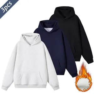 3-piece men's casual loose hoodie set with velvet lining, solid color design, kangaroo pocket, loose fit fashionable men's clothing, winter clothes, warm top, suitable for daily wear in sports and fitness