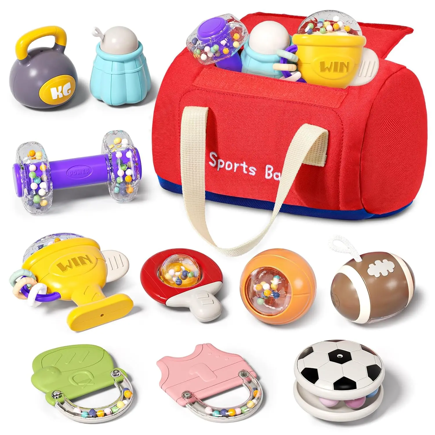 11-Piece Sports Baby Rattles & Teether Toys with Soft Gym Bag, Infant Sensory Grasping Shakers, Early Development Set for Newborns 0-6 6-12 Months