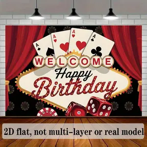 Modern Farmhouse Poker-Themed Birthday Banner Welcome Happy Birthday Party Backdrop 1pc 2D Flat Design Amber Glow Polyester with Playing Cards Dice & Red Curtains