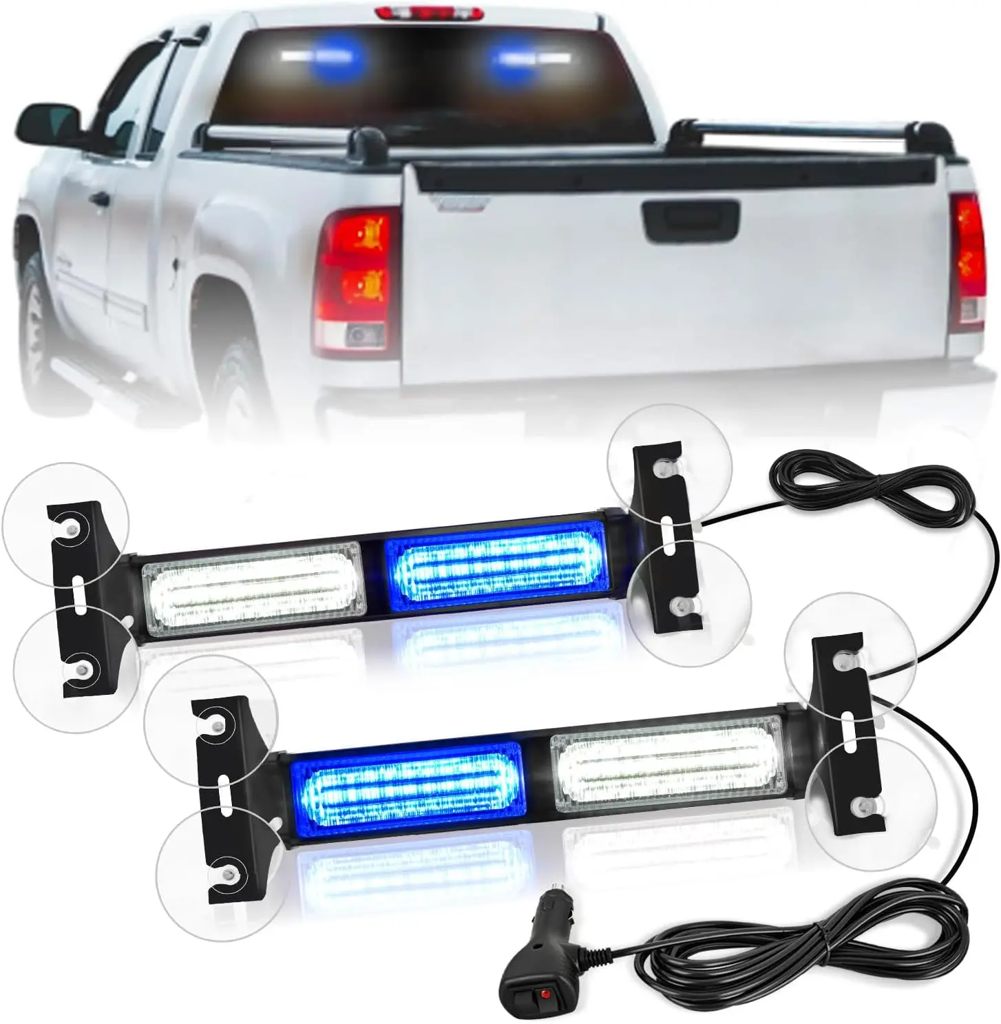 Nilight 40 LED Blue White Strobe Traffic Advisor Light Bar - Aluminum Automotive Accessory with Suction Cups, Adhesive Mount, 16.4ft Cable, 3pin Waterproof Plug, Tool-Free Dash Safety Flasher for Construction Vehicles, High Temperature Resistance, Strobe,