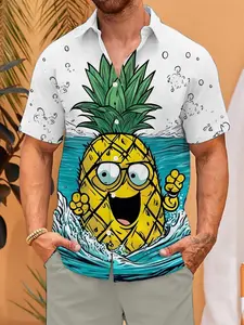 Men's Spring Summer Hawaiian Shirt, Surf Pineapple Print, Casual Cartoon Graphic Tee, Soft Skin-Friendly Material, Perfect for Vacation，Limited-time offer, fast shipping.