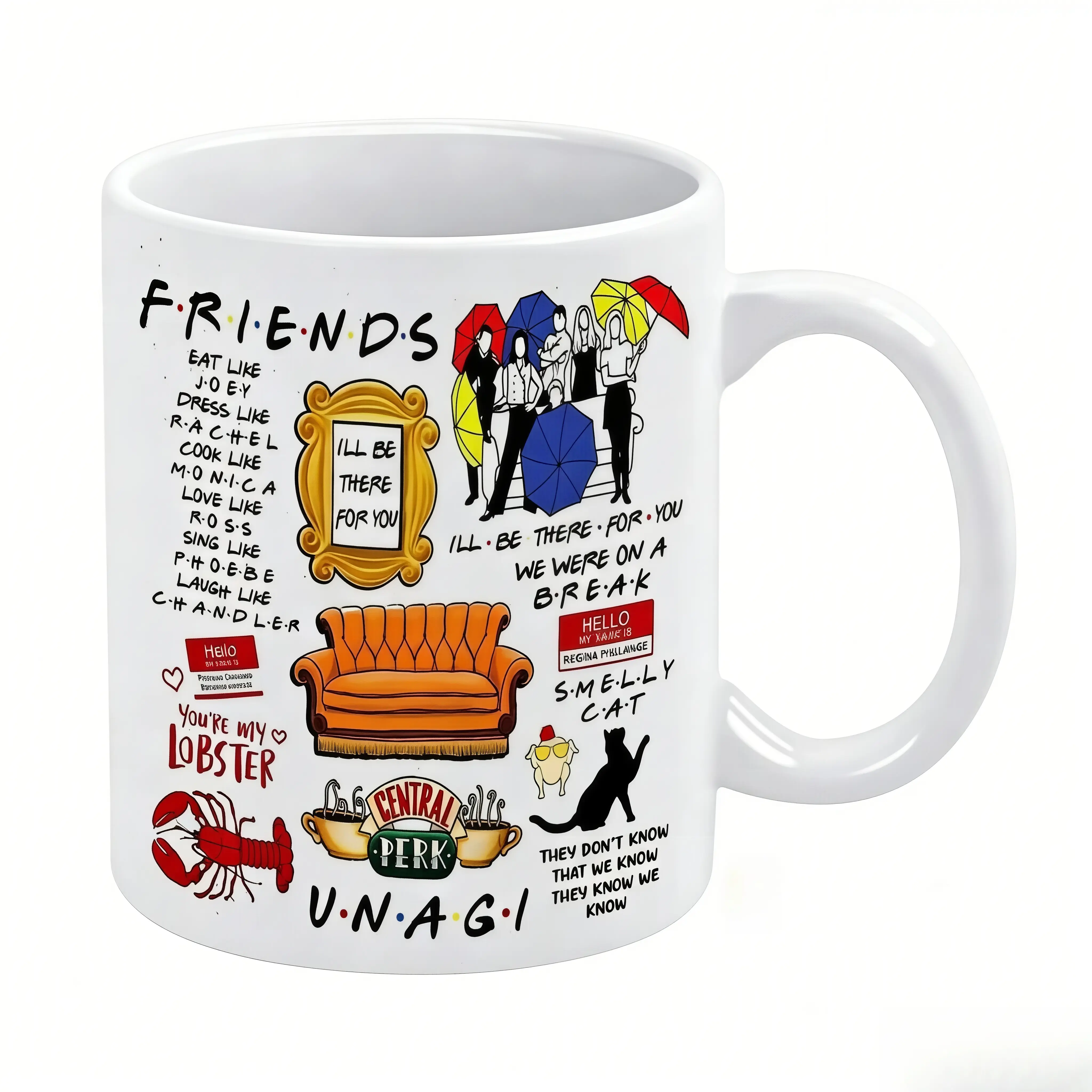 11oz Friends TV Show Mug - Iconic Art & Quote Collage Kitchen Drinkware, Black Handle & Interior, "You're My Lobster" Central Perk Smelly Cat Unagi Themed Gift for 90s Sitcom Fans