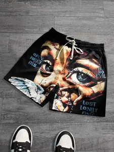 Men's Summer Casual Loose Shorts with Angel Eyes Print in American Retro Graffiti Style, Unisex Streetwear Fashion Brand Shorts for Casual Beachwear, Y2K Trend