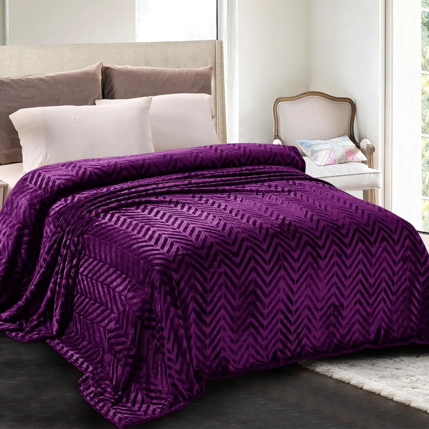 Purple Chevron Flannel King Size Bedspread - Firm, Antistatic, Breathable, Lightweight, Plush Fluffy Coverlet, 90x104 in