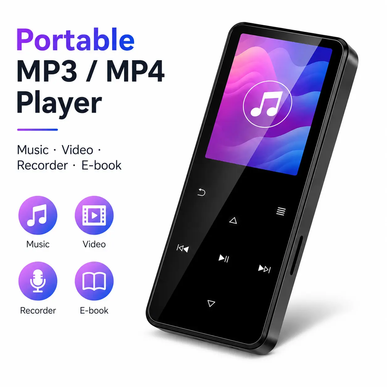 Portable MP3/MP4 player with built-in speaker, touch button music player, recorder, e-book reader, video playback, supports TF/microSD card expansion, suitable for travel, study, and commuting. Local Audio