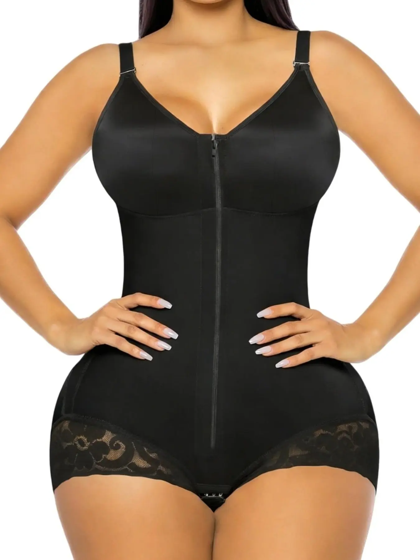1 Count Women's Adjustable Straps High Compression Zipper Tummy Control Lace Bodysuit, Underwear, Body Shapewear, Faja Colombiana, Suitable for Various Occasions