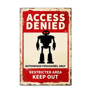 2D Flat - 1pc Access Denied Robot Silhouette Authorized Personnel Only Restricted Area Keep Out Red And Cream Vintage Sign Pattern Metal Tin Sign Vintage Iron Wall Art with Floral Accents, Perfect for Home, Porch, Garden, Cafe, Bar, and More, Outdoor