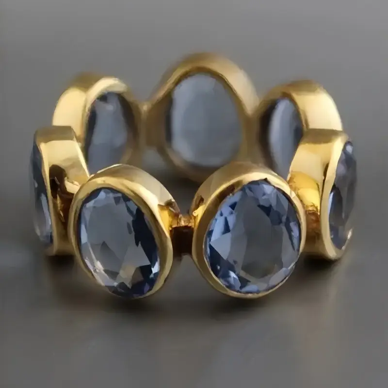 14K Gold Plated Oval Light Blue Sapphire Eternity Band Ring Bezel Set Multi Stone Stackable Statement Ring Dainty Luxury Aquamarine Crystal Wedding Jewelry Gift For Women Daily Party
