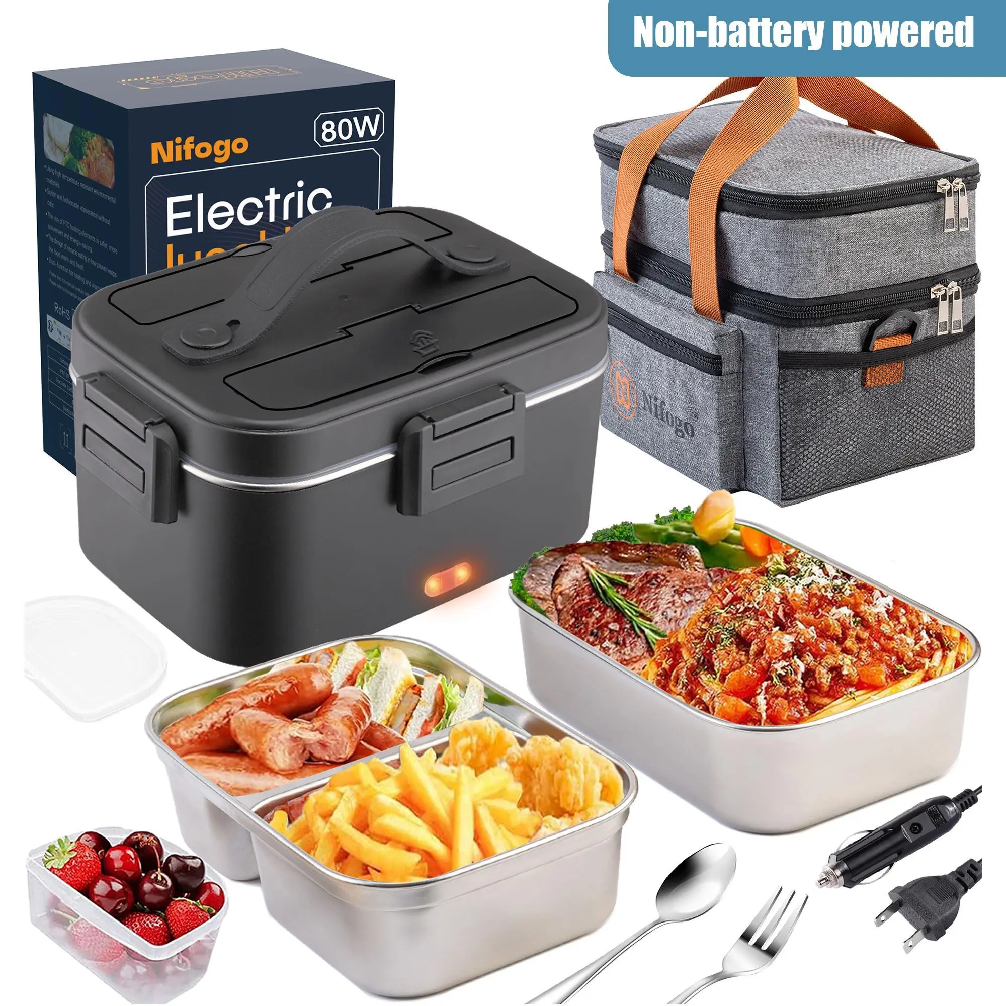 Self Heating Warmer Lunch Box - 1.0L-1.8L Leakproof Insulated Stainless Steel Container with Lid, Fork, Spoon, Carry Bag, 12V-24V for Car/Truck, 110V for Home/Office, Self Heating Lunchbox