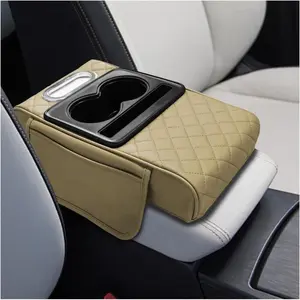 Leather  Center Console Cover, Universal Automotive Armrest Booster Cushion,  Middle Console Organizer with 2 Cup Holders, Side Storage Bag, Tissue Box & Phone Slot(Beige)