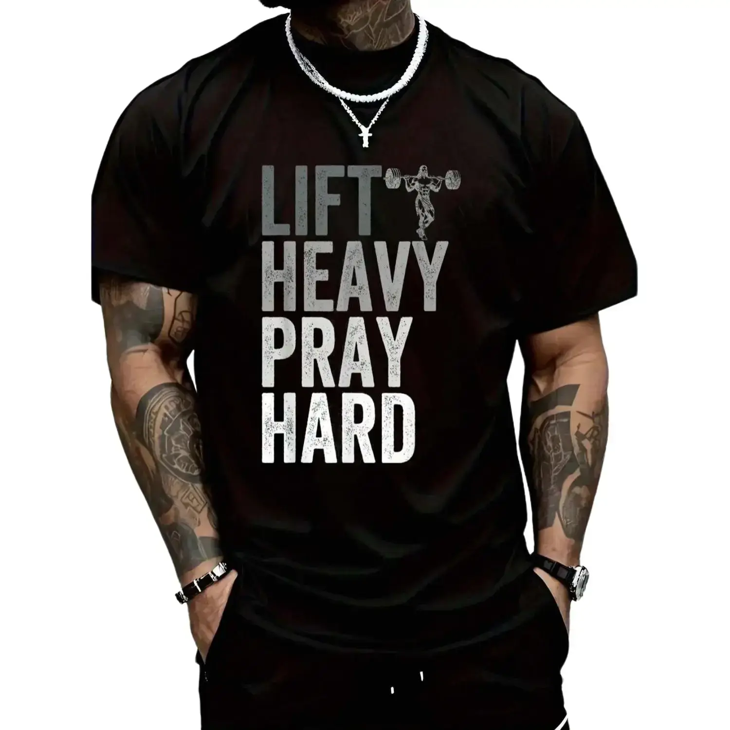 Lift Heavy Pray Hard Cotton Christian Faith Gym Jesus T-Shirt For Men, Valentine's Day Gift.