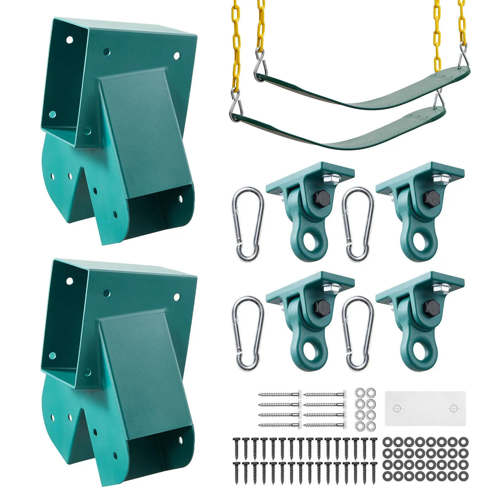 VEVOR Heavy-Duty A-Frame Swing Set Brackets Kit, Stable Hardware with 2 A-Frame Brackets, 2 Seats, 4 Hangers for Couples, Friends, Parents’ Backyard Jungle Gym Playground Mounting Parts, Green