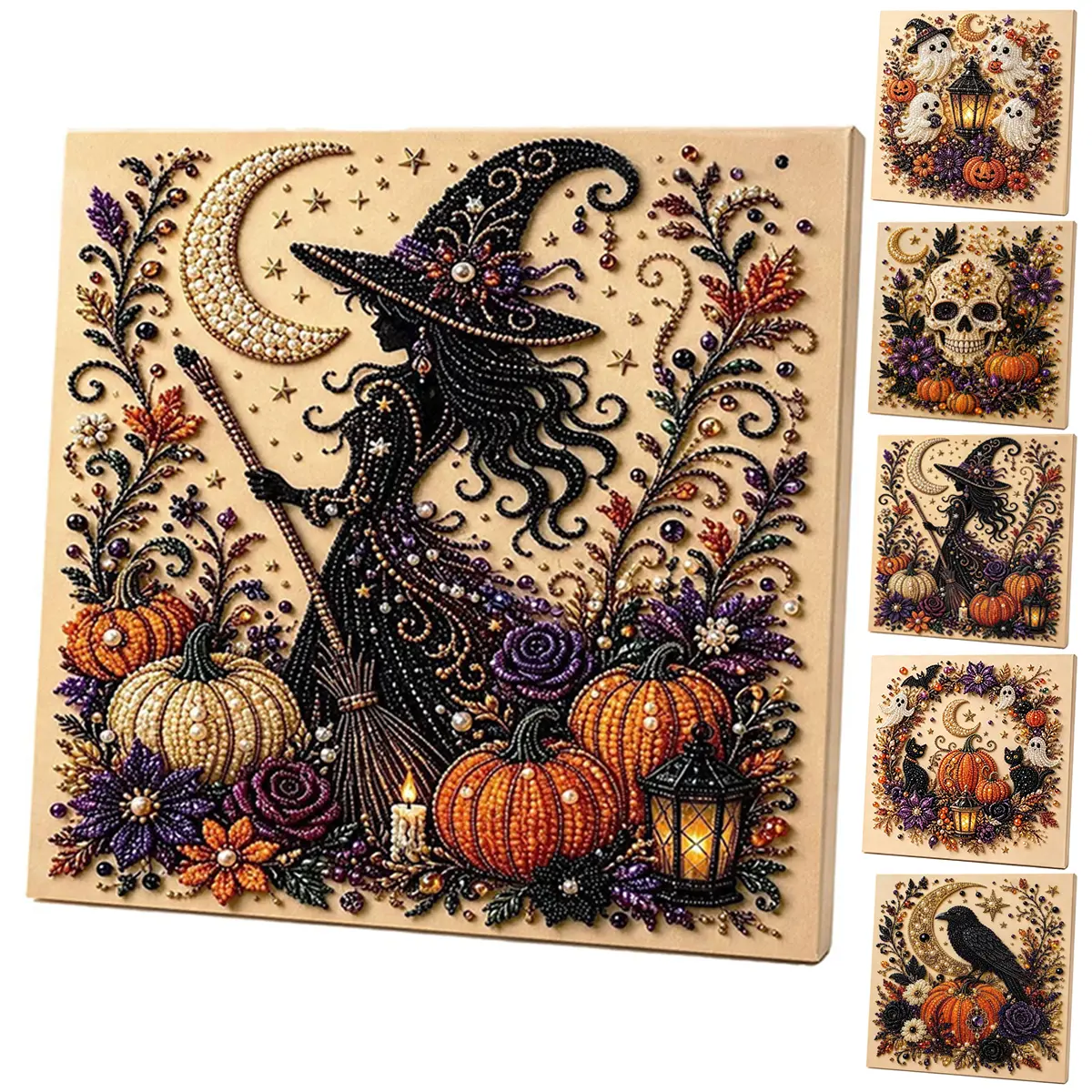 Halloween 3D Pearl Art DIY Kit Witch Pumpkin Ghost Bead Painting Canvas Autumn Home Wall Decor Beginner Friendly Craft Gift Unique Gift Idea Fall Season