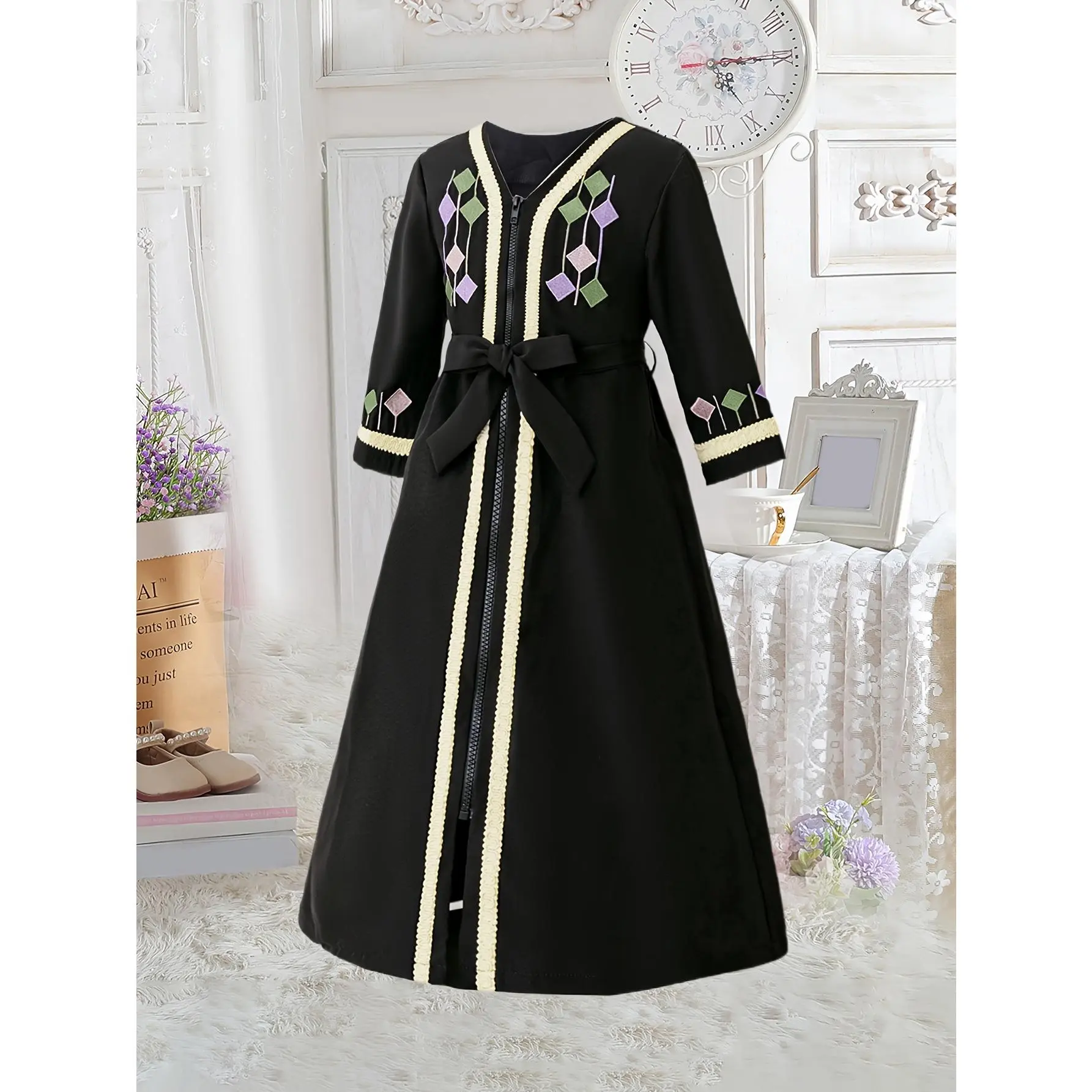Girls' Elegant Black Long Sleeve V-Neck Abaya with Vintage Embroidery - Polyester, Geometric Pattern, Belted Knee-Length Dress for Ramadan and Festive Parties